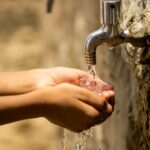 the boy takes the water in his hands